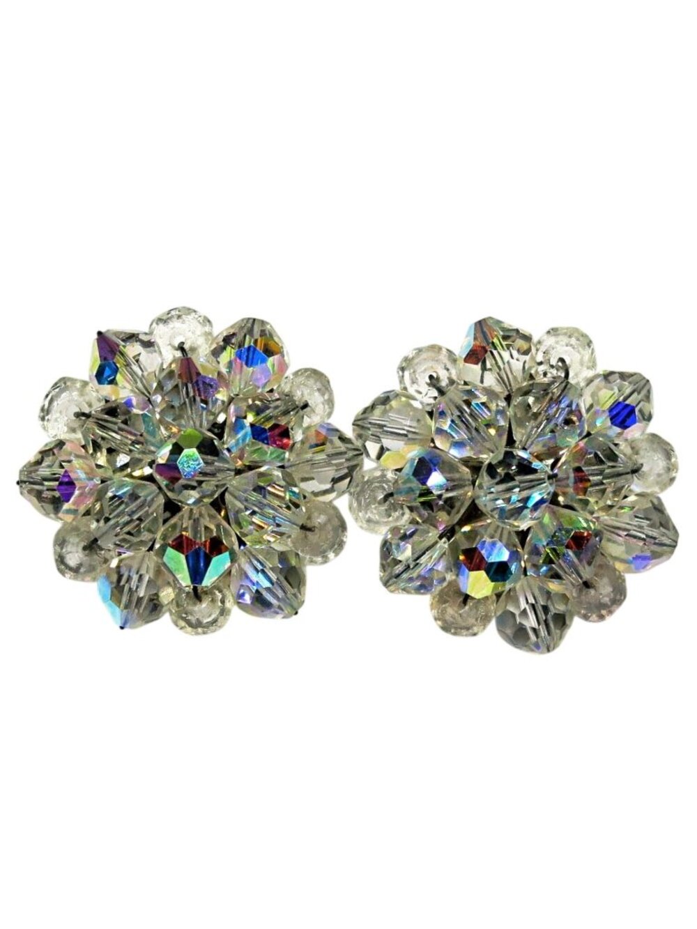 Mid‑Century Aurora Borealis Crystal Cluster Clip‑On Earrings, 1950s–60s